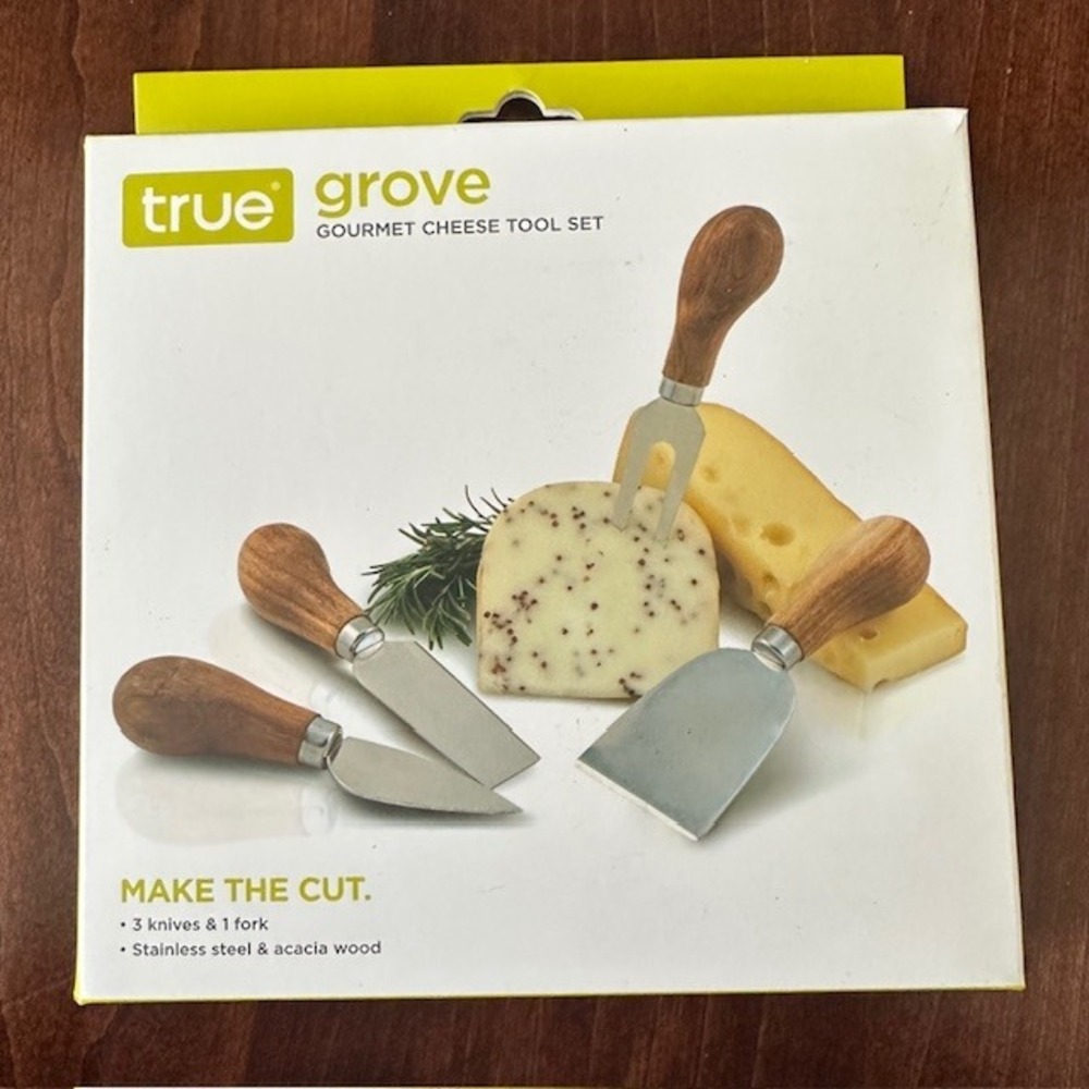 True Grove Gourmet Cheese Tool Set 3 Knives 1 Fork Stainless Steel Acacia Wood